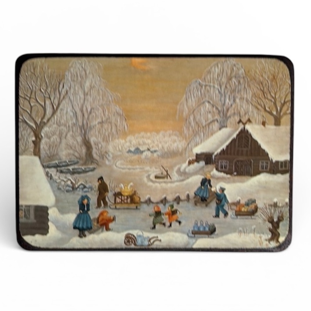 Miniature Les Editions Braun Paris Winter Village Wood Plaque Folk Art 6x4